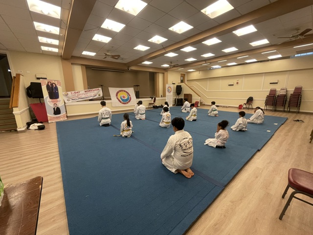 Meditation — Rows in seated meditation before the Martial Arts Federation for World Peace flag — preparing body and sp